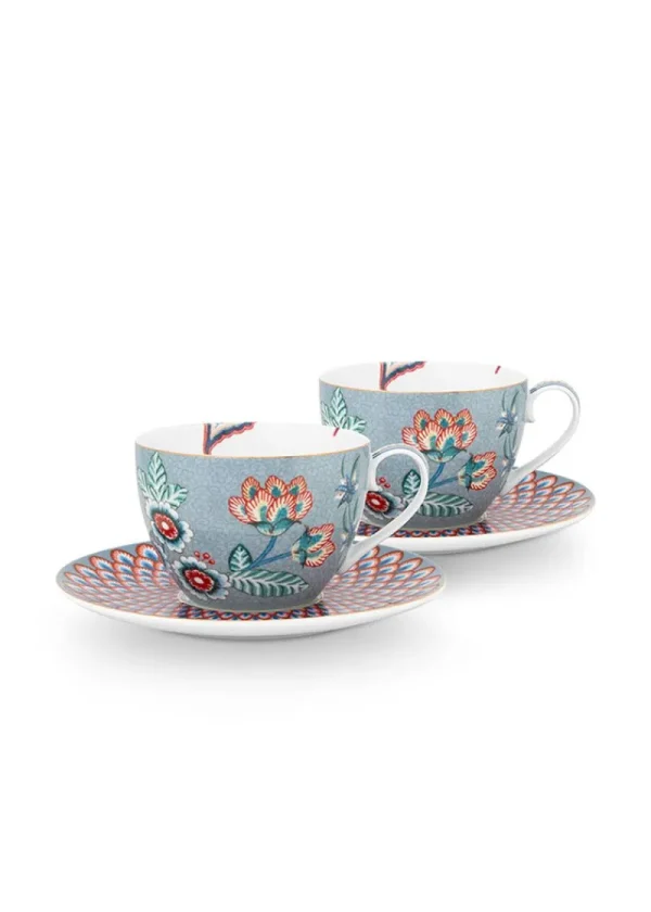 Clearance Pip Studio Flower Festival Set/2 Cappuccino Tasse & Undertasse Hell Blau