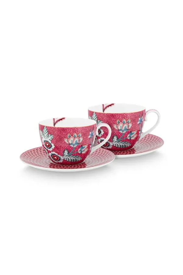 Cheap Pip Studio Flower Festival Set/2 Cappuccino Tasse & Undertasse Dunkel Rosa