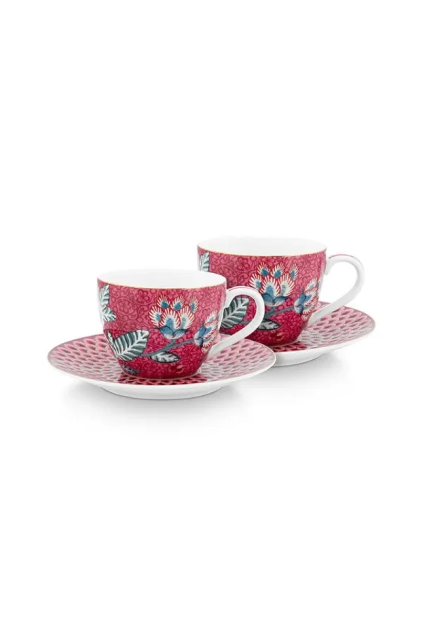 Sale Pip Studio Flower Festival Set/2 Espresso Tasse & Undertasse Dunkelrosa