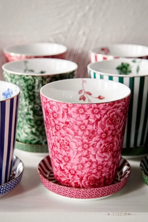 New Pip Studio Royal Stripes Tasse Blumen & Teebeutelablage Dunkel Rosa