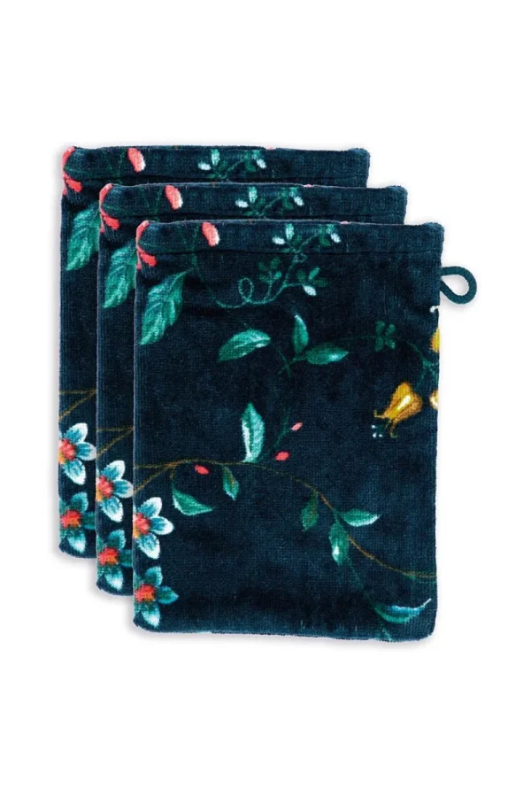 Fashion Pip Studio Waschlappen Set/3 Les Fleurs Dunkel 16x22 cm Blau